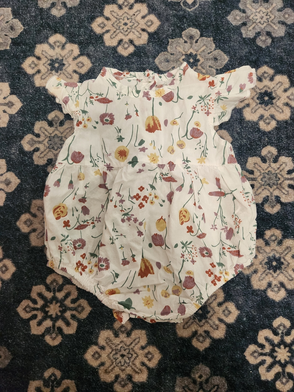 Baby Floral Ruffled Romper in Cream with Yellow & Mauve Flowers